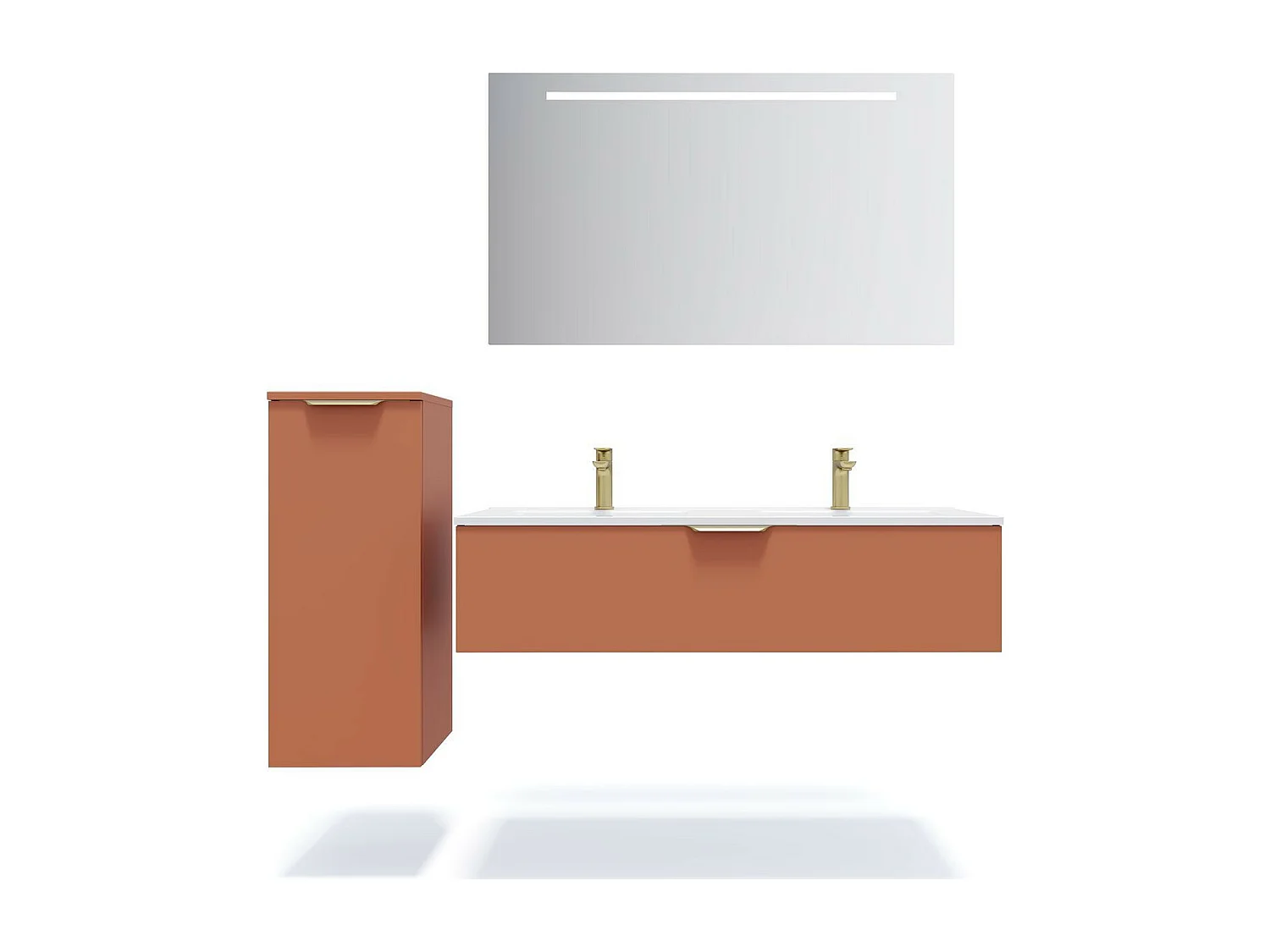 Meuble de salle de bain suspendu double vasque intégrée 120cm 1 tiroir Terracotta + miroir - Venice