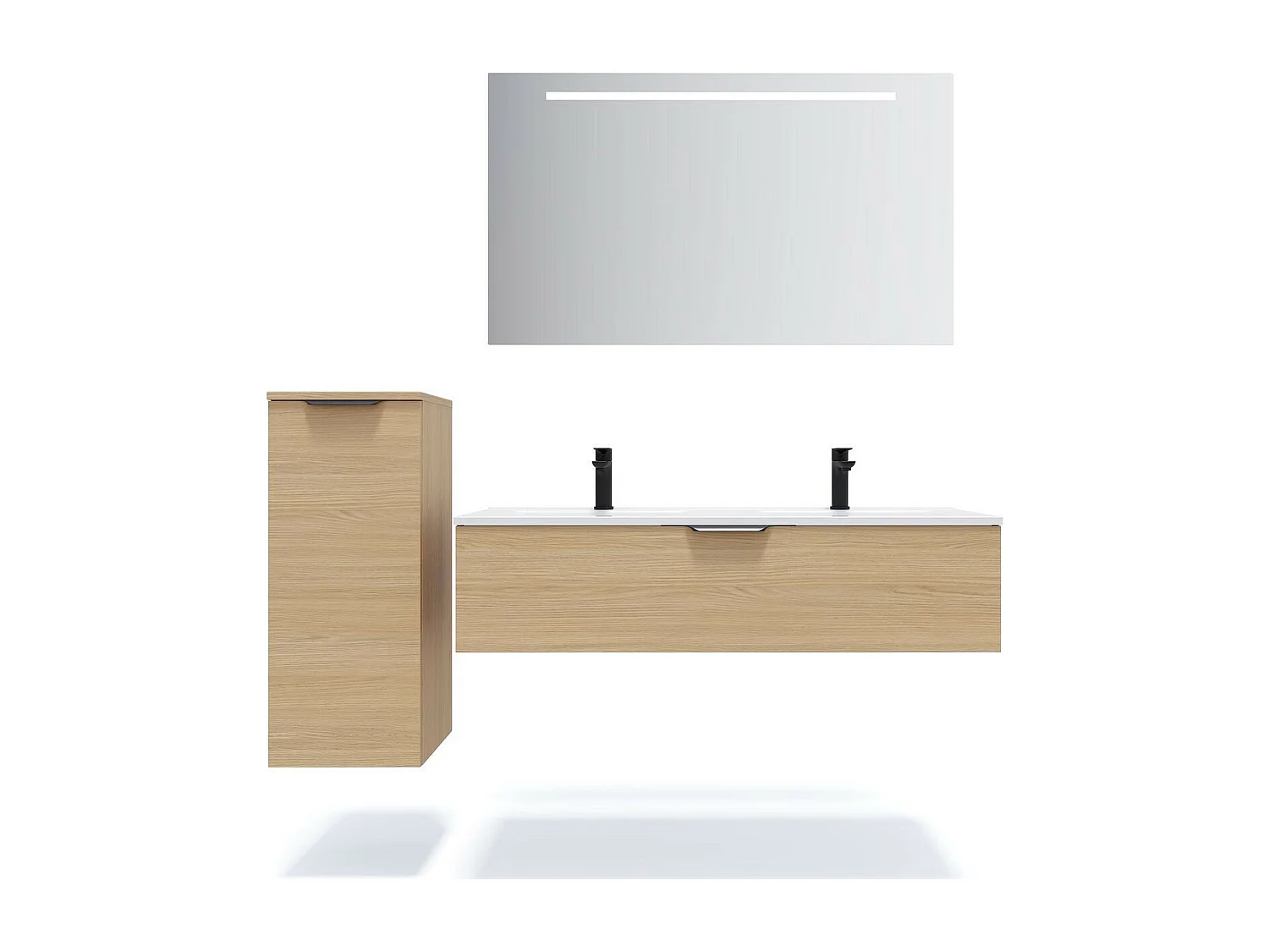 Meuble de salle de bain suspendu double vasque intégrée 120cm 1 tiroir Chêne clair + miroir - Venice