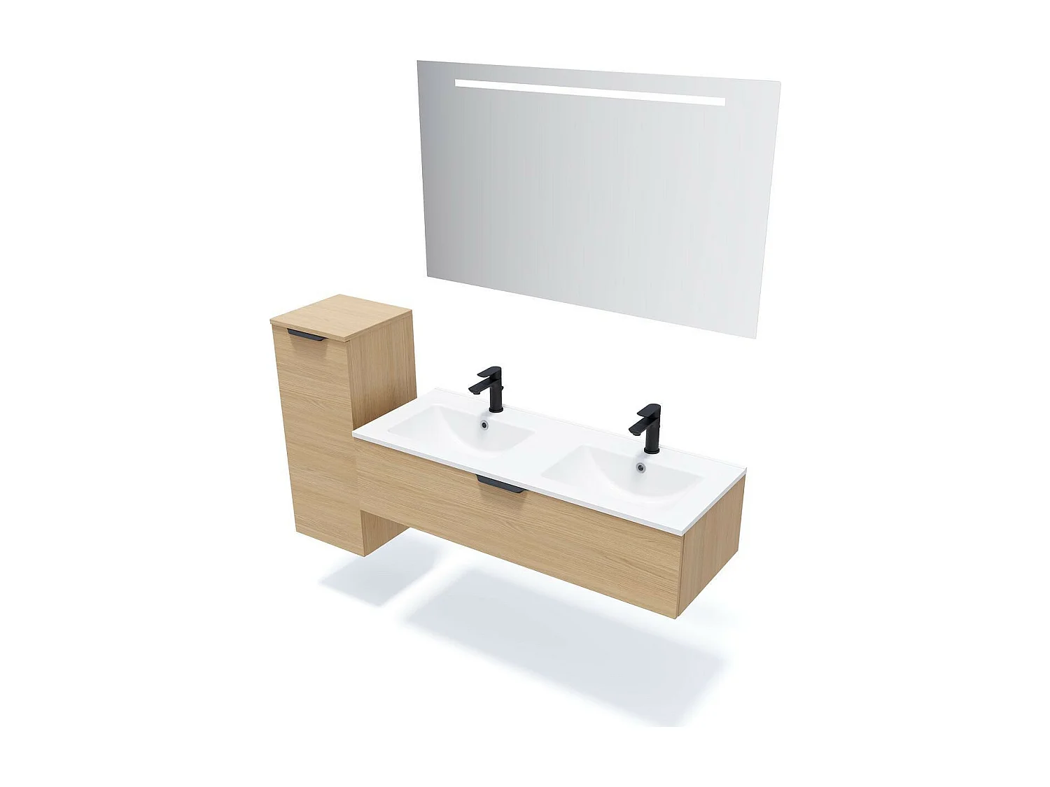 Meuble de salle de bain suspendu double vasque intégrée 120cm 1 tiroir Chêne clair + miroir - Venice