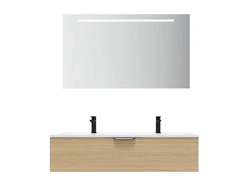 Meuble de salle de bain suspendu double vasque intégrée 120cm 1 tiroir Chêne clair + miroir - Venice
