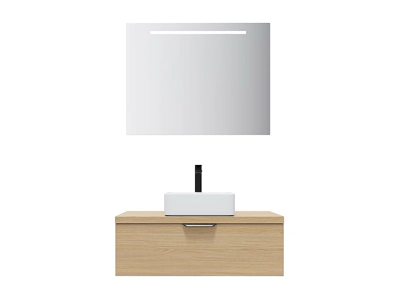 Meuble de salle de bain suspendu vasque à poser 90cm 1 tiroir Chêne clair + miroir - Venice