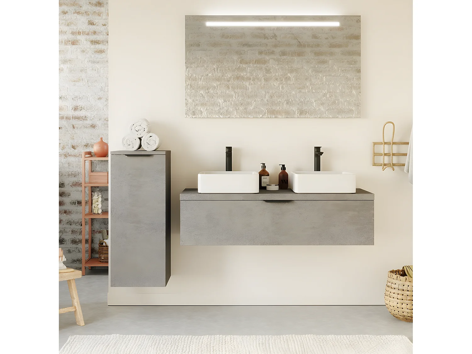 Meuble de salle de bain suspendu 2 vasques à poser 120cm 1 tiroir façon Béton + miroir - Venice