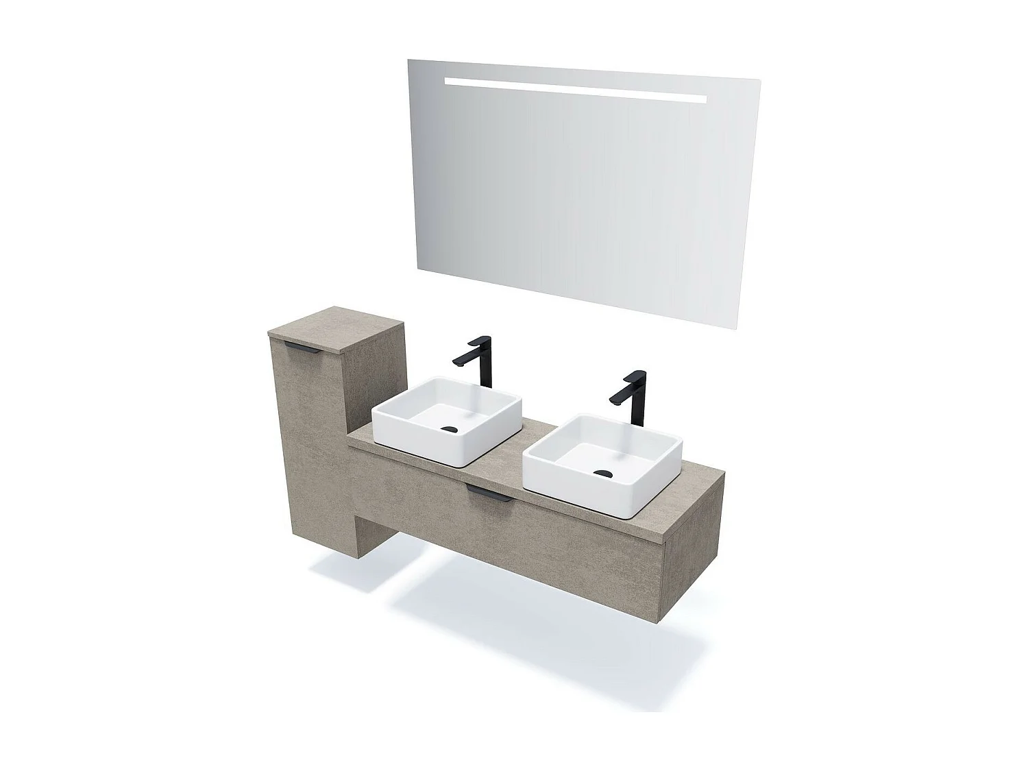 Meuble de salle de bain suspendu 2 vasques à poser 120cm 1 tiroir façon Béton + miroir - Venice