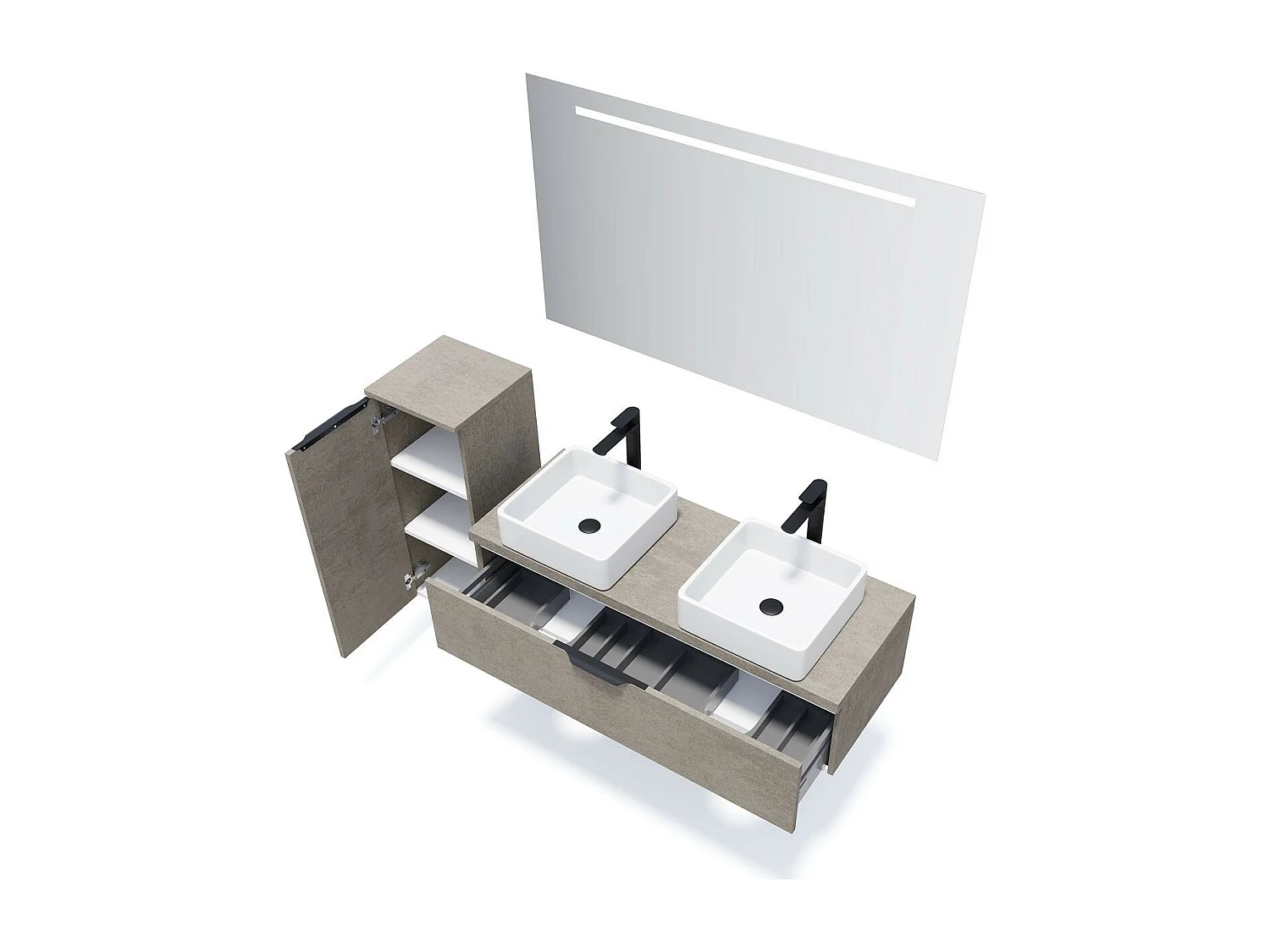 Meuble de salle de bain suspendu 2 vasques à poser 120cm 1 tiroir façon Béton + miroir - Venice