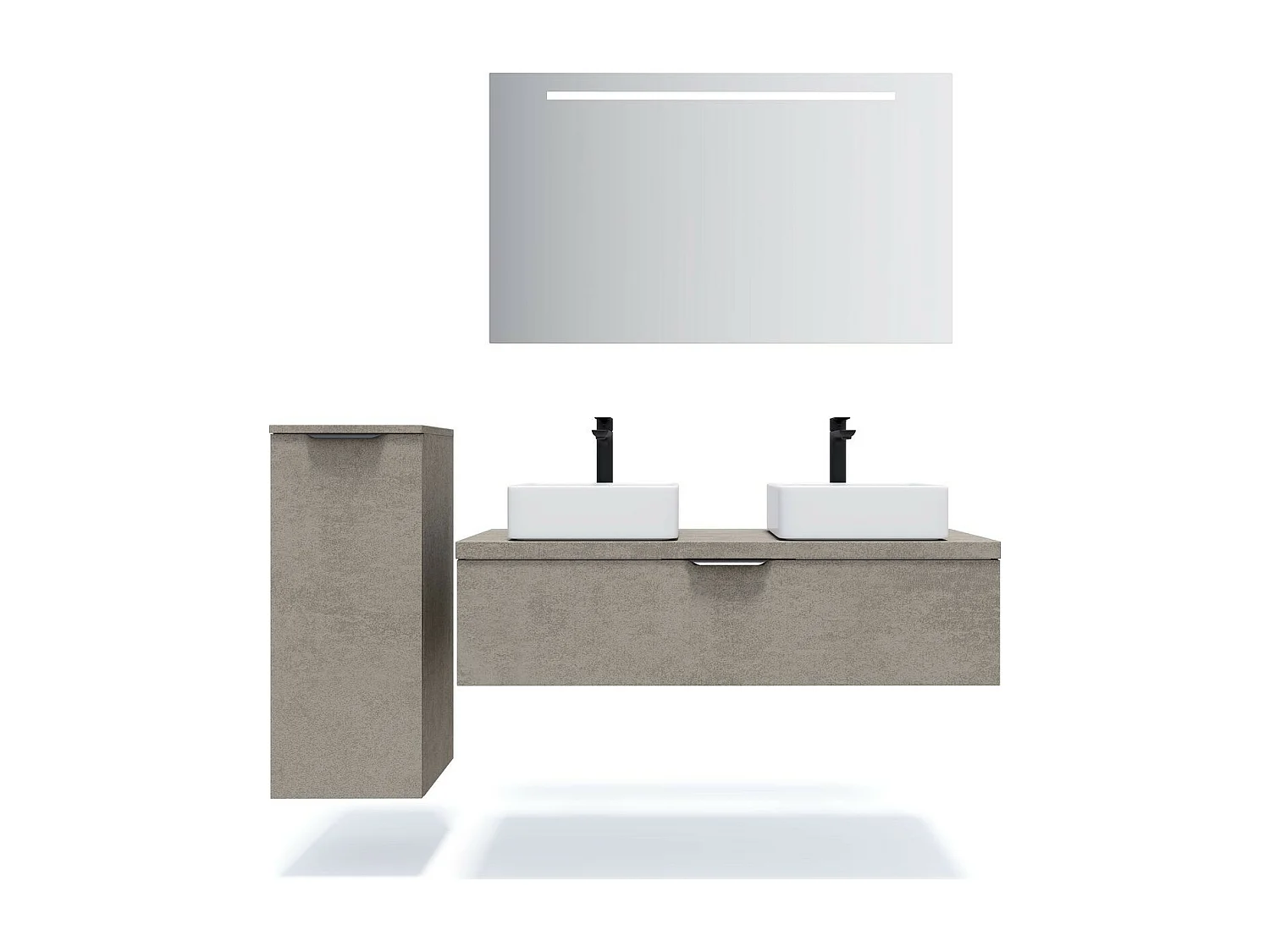 Meuble de salle de bain suspendu 2 vasques à poser 120cm 1 tiroir façon Béton + miroir - Venice