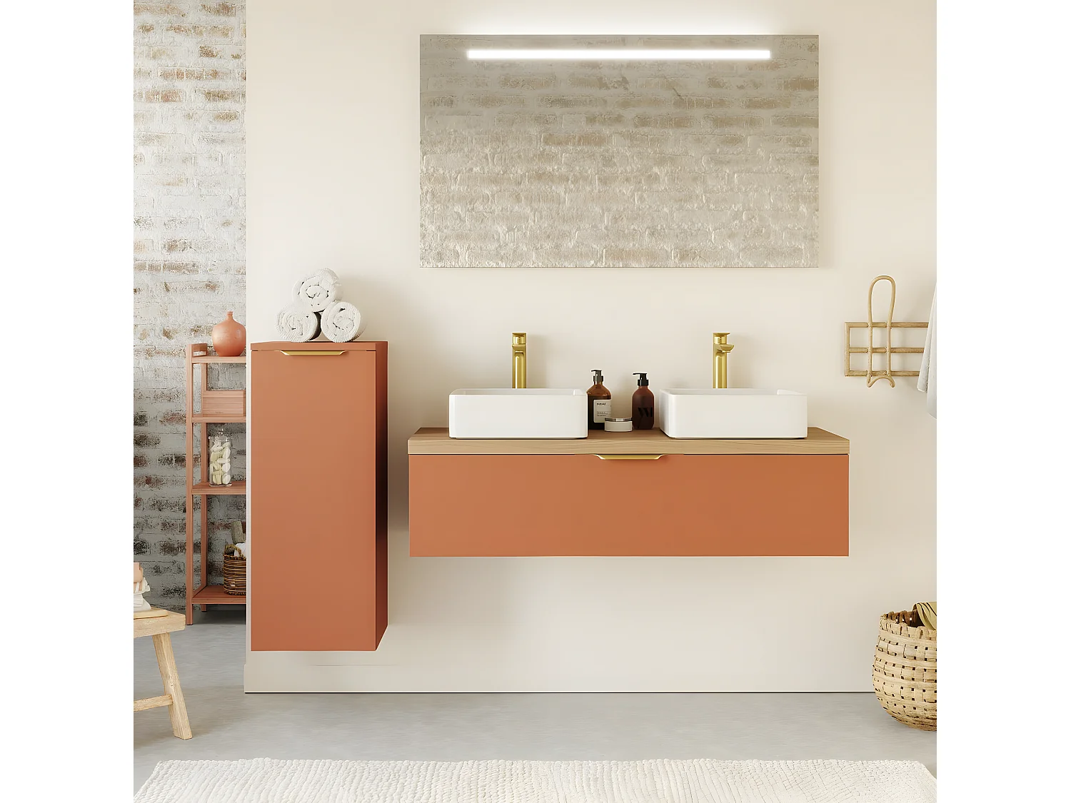 Meuble de salle de bain suspendu 2 vasques à poser 120cm 1 tiroir Terracotta + miroir - Venice