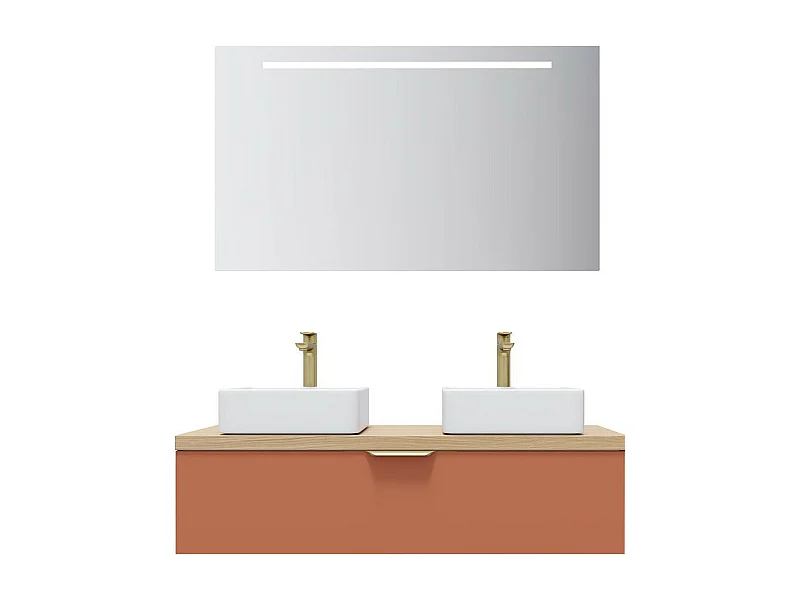 Meuble de salle de bain suspendu 2 vasques à poser 120cm 1 tiroir Terracotta + miroir - Venice