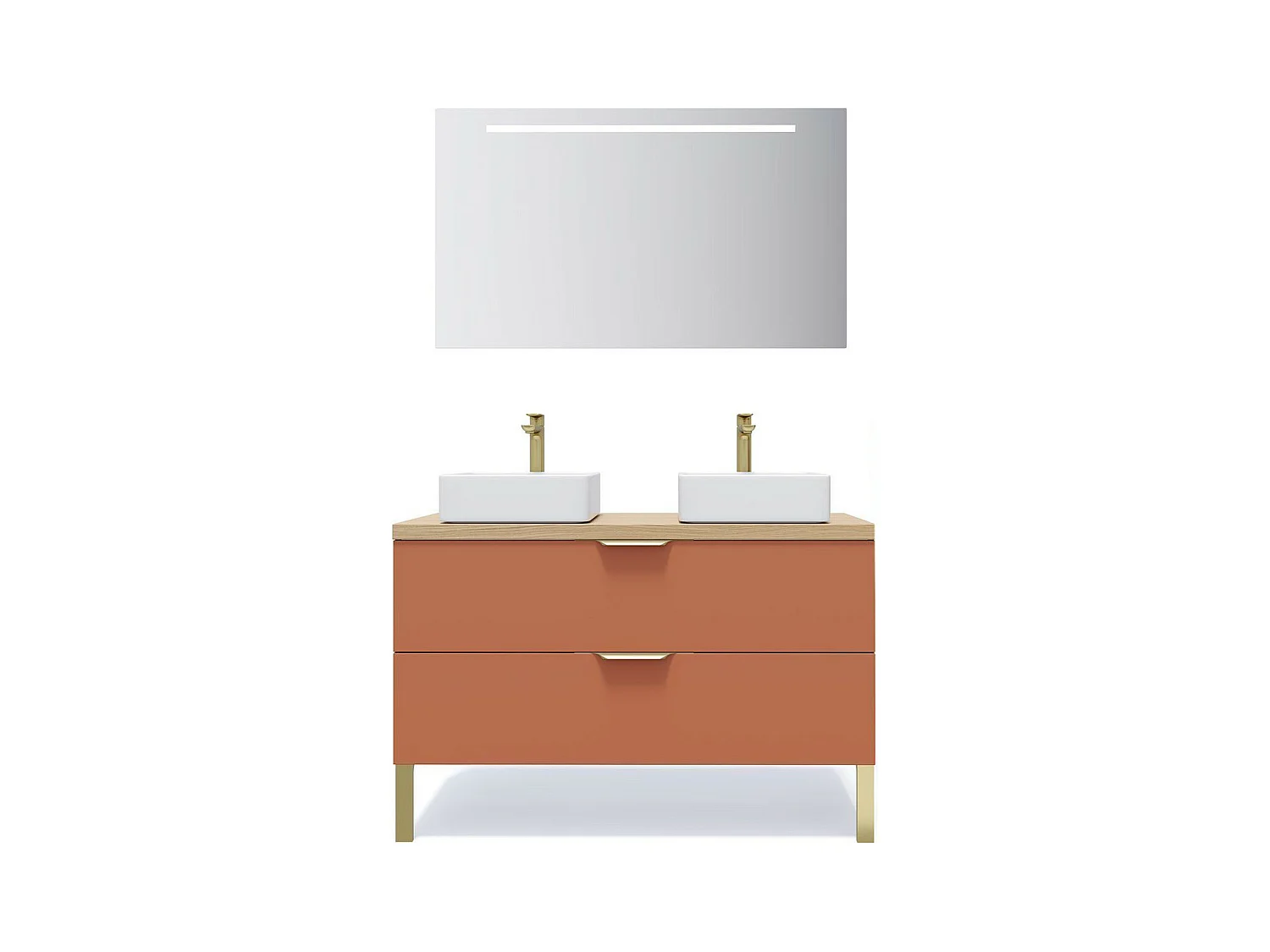 Meuble de salle de bain suspendu 2 vasques à poser 120cm 2 tiroirs Terracotta + miroir - Venice