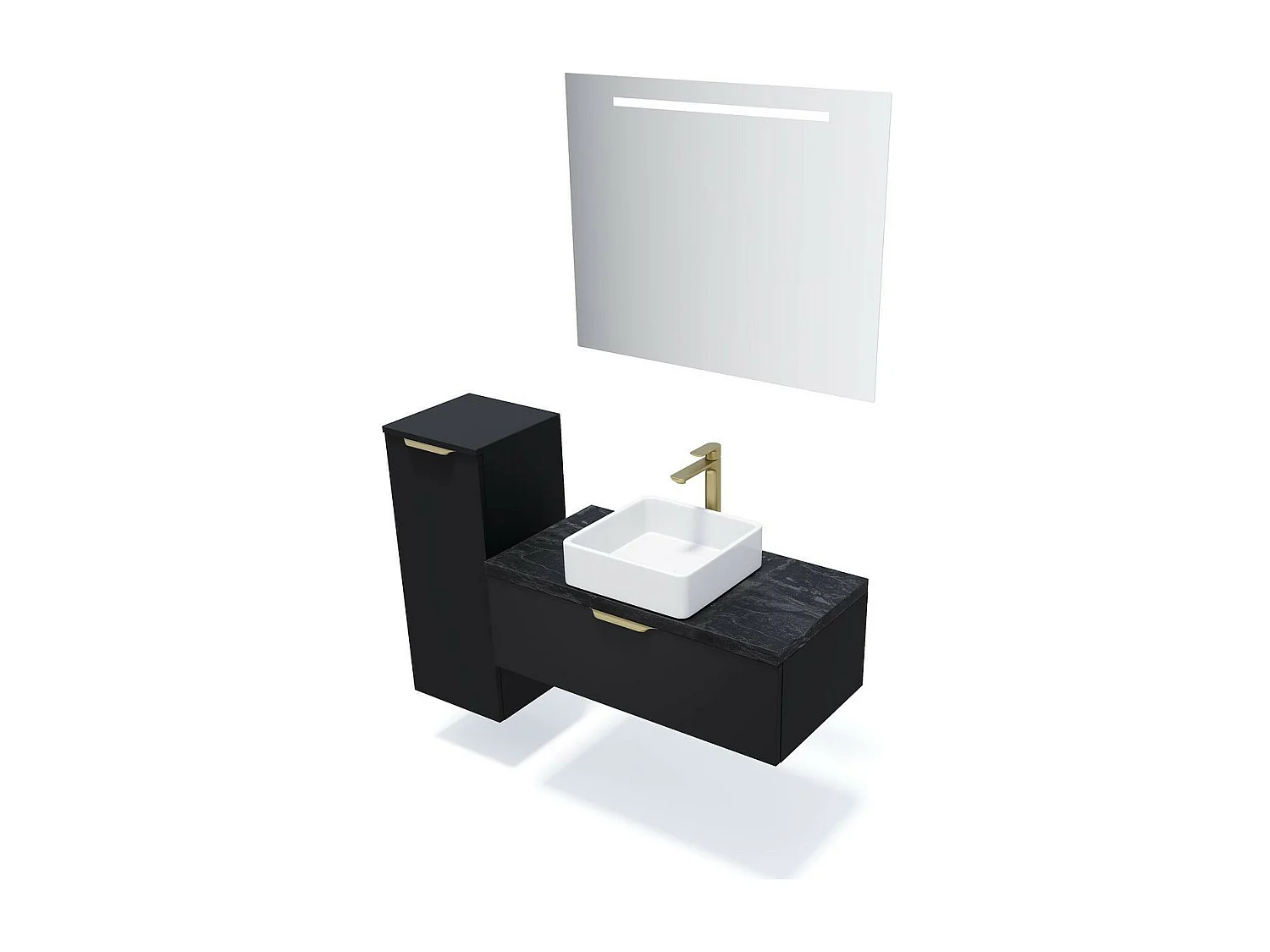 Meuble de salle de bain suspendu vasque à poser 90cm 1 tiroir Noir + miroir - Venice