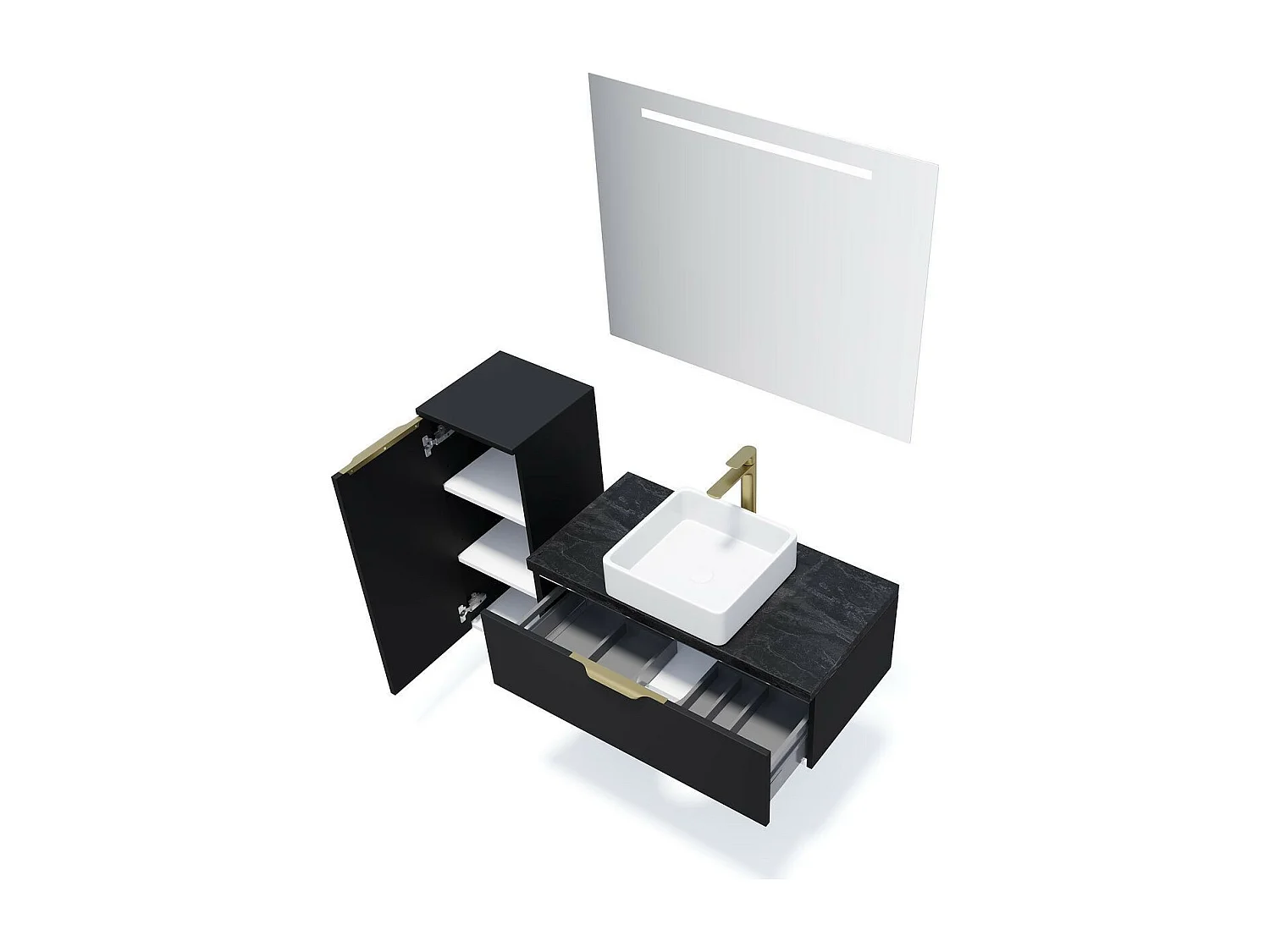 Meuble de salle de bain suspendu vasque à poser 90cm 1 tiroir Noir + miroir - Venice