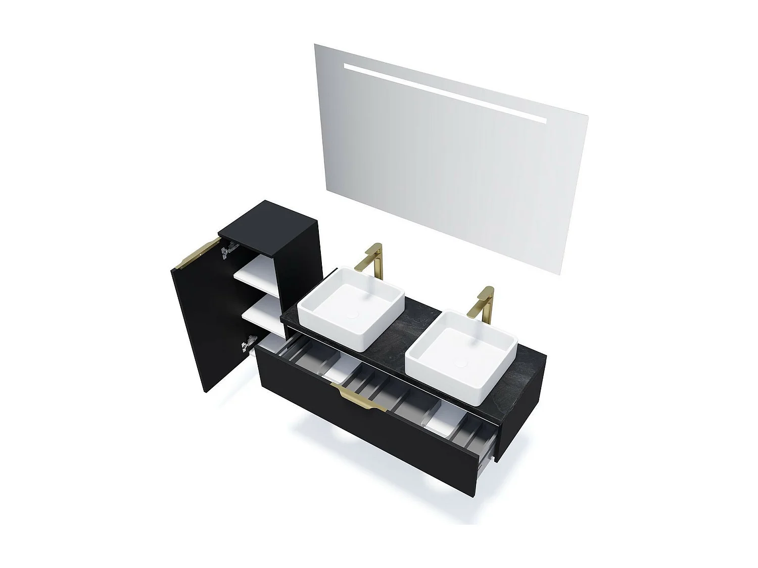 Meuble de salle de bain suspendu 2 vasques à poser 120cm 1 tiroir Noir + miroir - Venice