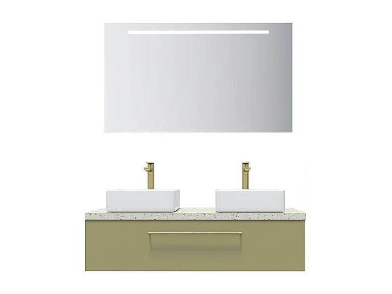 Meuble de salle de bain suspendu 2 vasques à poser 120cm 1 tiroir Vert olive + miroir - Glasgow