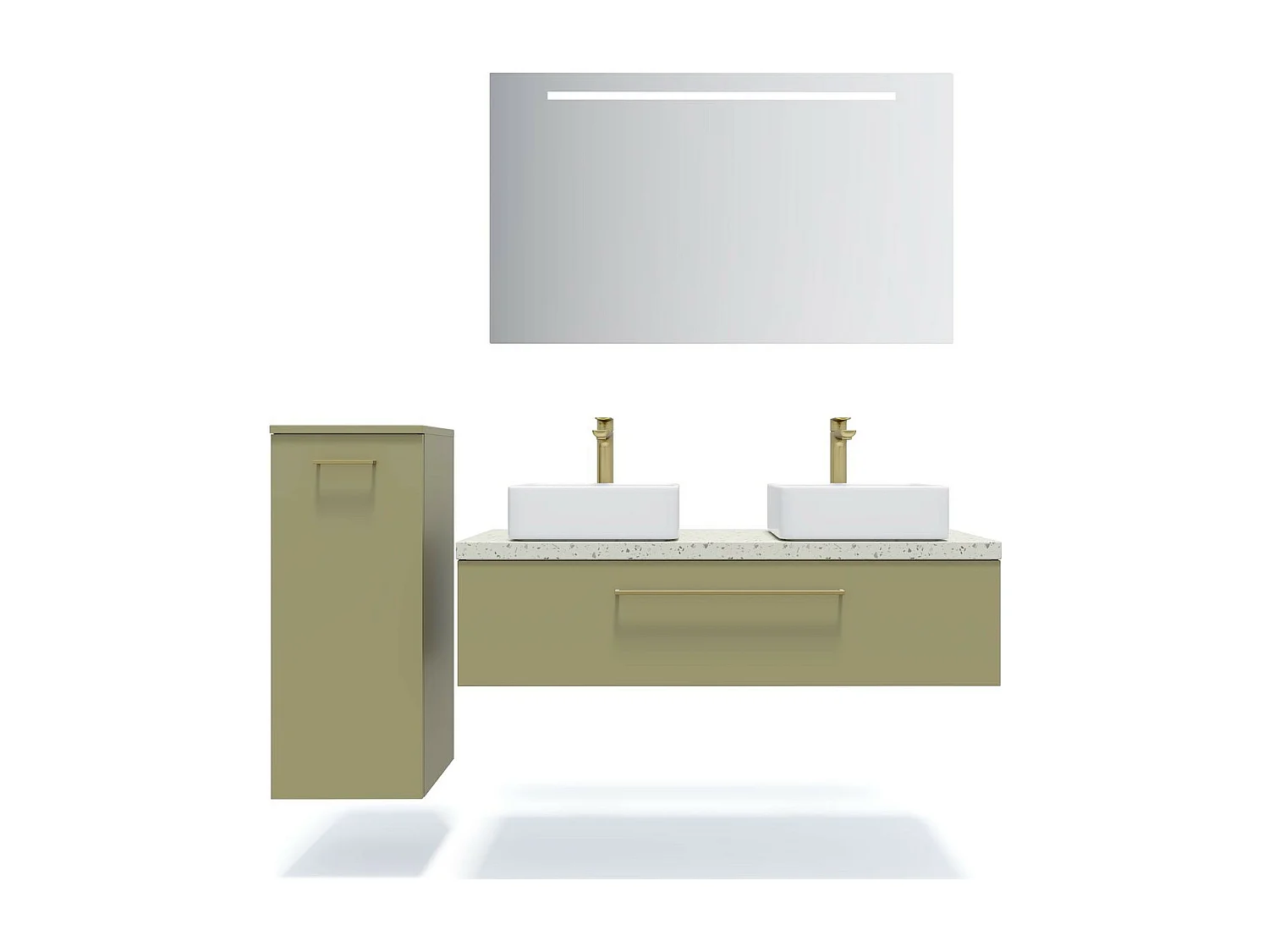 Meuble de salle de bain suspendu 2 vasques à poser 120cm 1 tiroir Vert olive + miroir - Glasgow