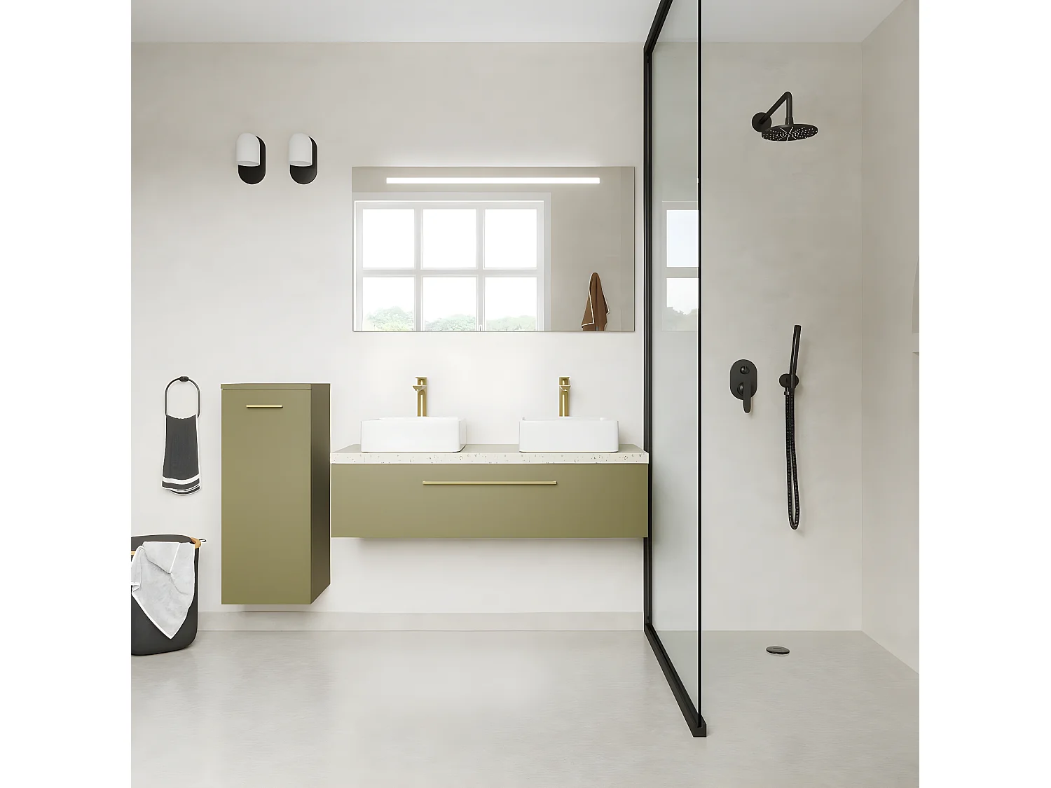 Meuble de salle de bain suspendu 2 vasques à poser 120cm 1 tiroir Vert olive + miroir - Glasgow