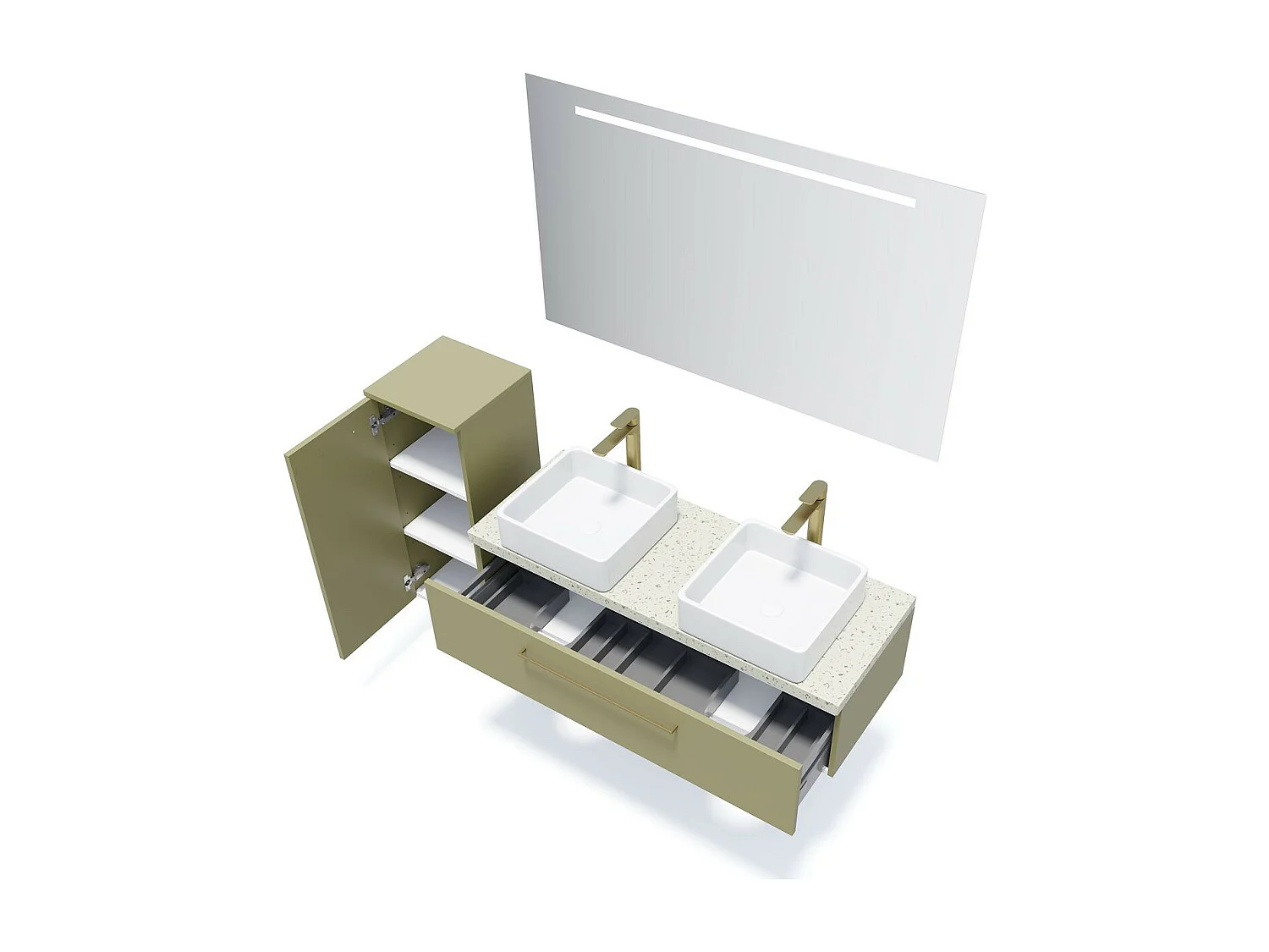 Meuble de salle de bain suspendu 2 vasques à poser 120cm 1 tiroir Vert olive + miroir - Glasgow