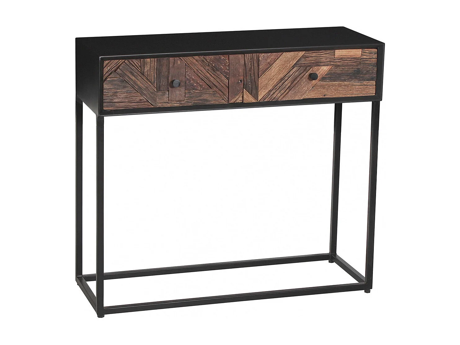 JORDAN - Console 2 Tiroirs en Métal Noir et Bois Recyclé