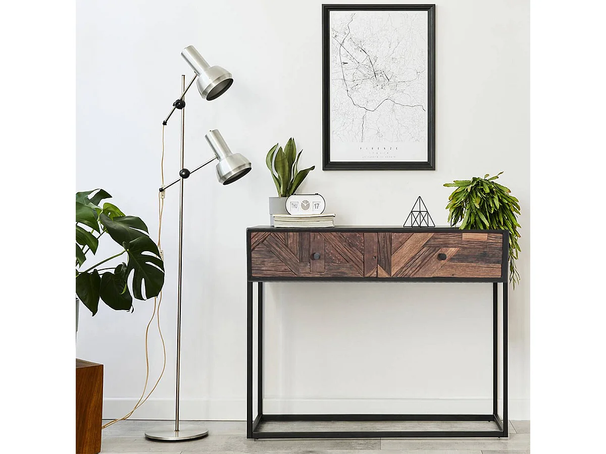 JORDAN - Console 2 Tiroirs en Métal Noir et Bois Recyclé