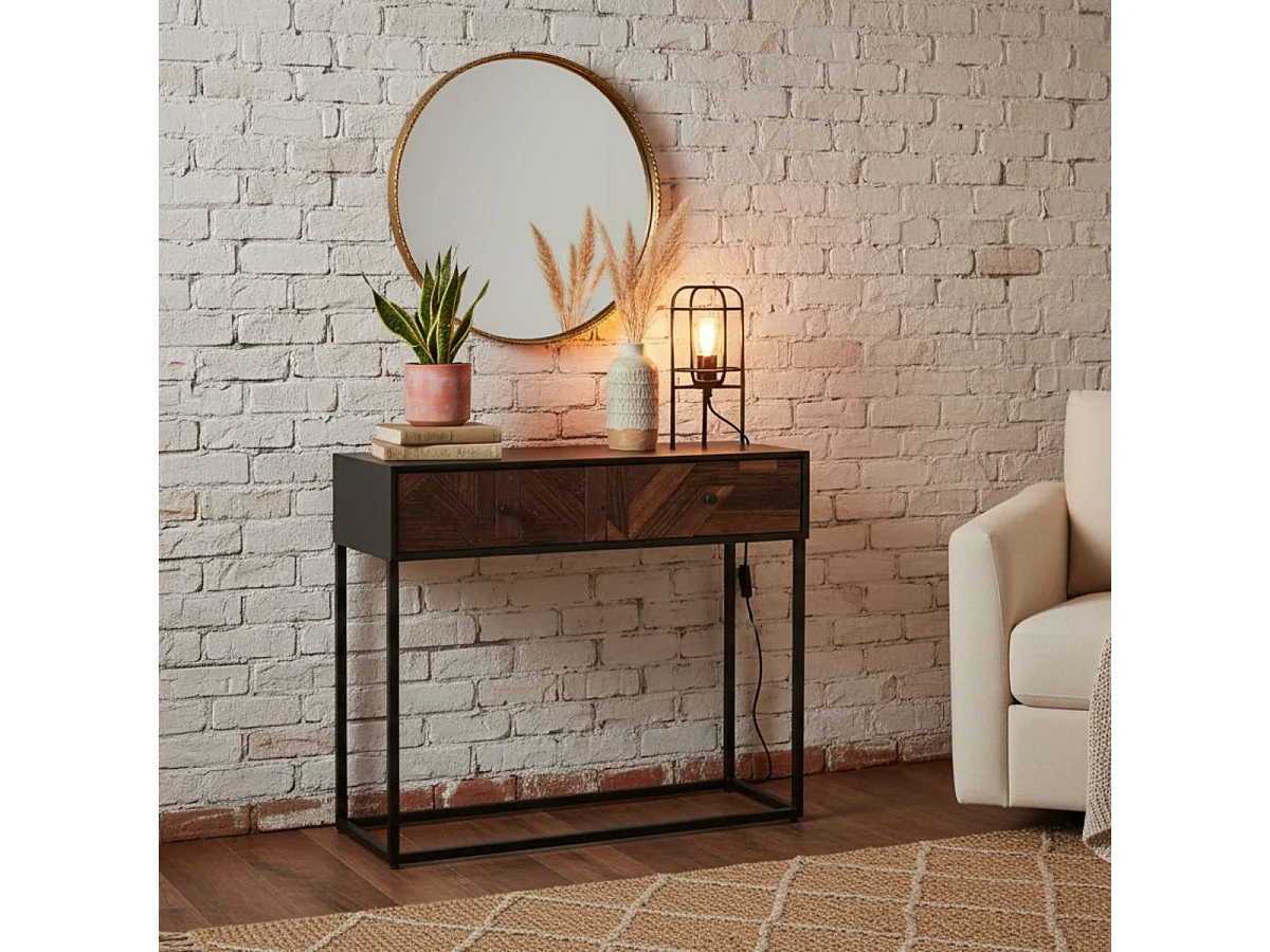 JORDAN - Console 2 Tiroirs en Métal Noir et Bois Recyclé