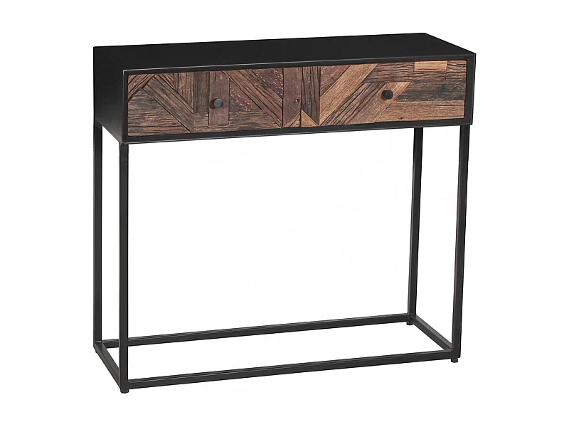 JORDAN - Console 2 Tiroirs en Métal Noir et Bois Recyclé