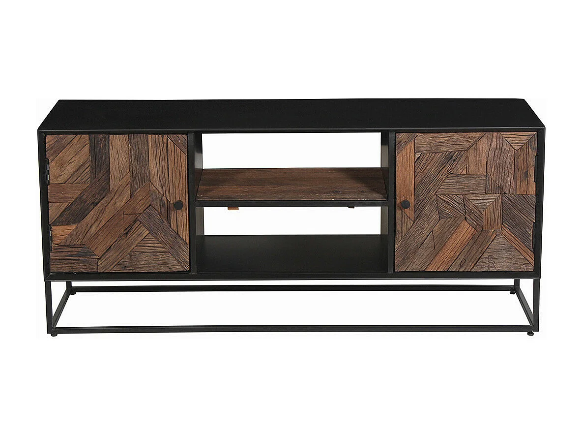 JORDAN - Meuble TV 2 Portes 2 Niches en Métal Noir et Bois Recyclé
