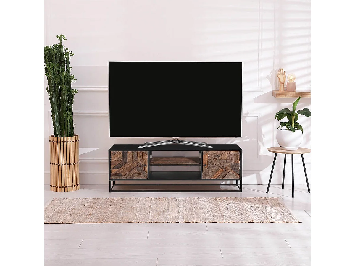 JORDAN - Meuble TV 2 Portes 2 Niches en Métal Noir et Bois Recyclé