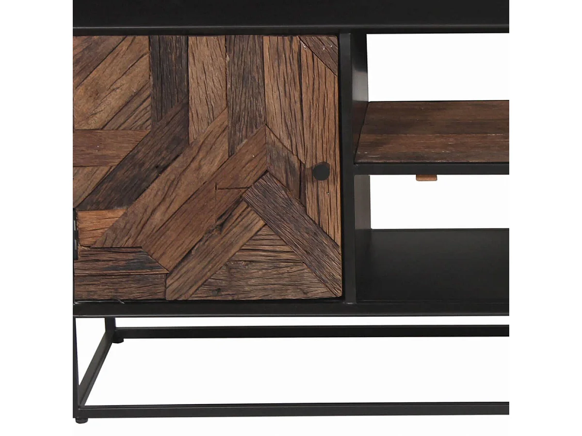 JORDAN - Meuble TV 2 Portes 2 Niches en Métal Noir et Bois Recyclé