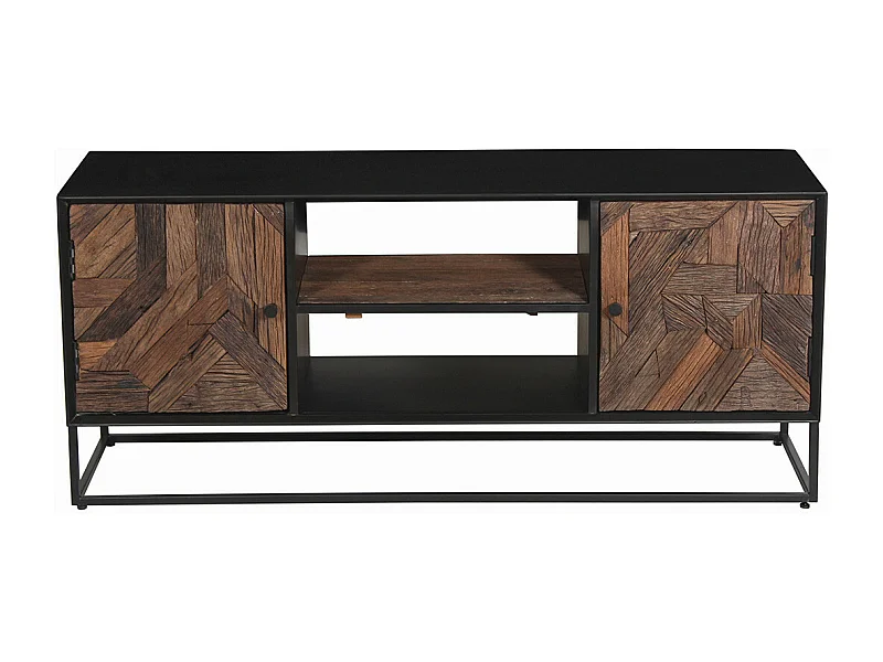 JORDAN - Meuble TV 2 Portes 2 Niches en Métal Noir et Bois Recyclé