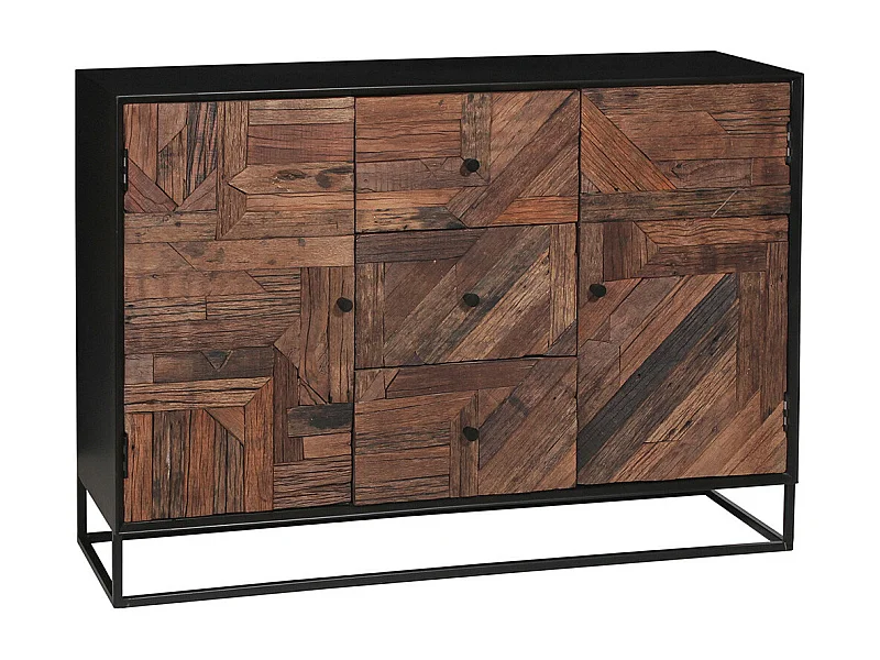 JORDAN - Buffet 2 Portes 3 Tiroirs en Métal Noir et Bois Recyclé
