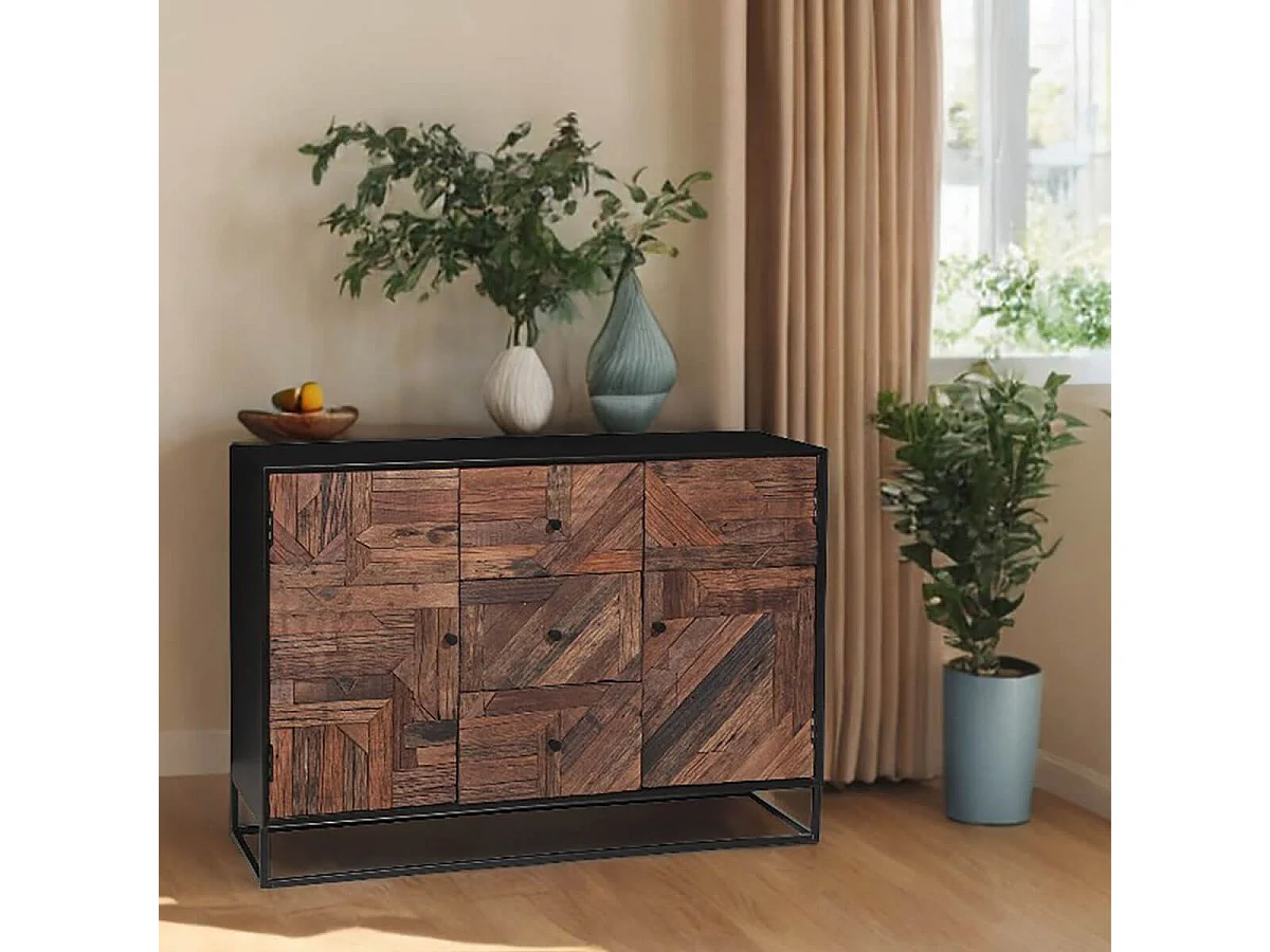 JORDAN - Buffet 2 Portes 3 Tiroirs en Métal Noir et Bois Recyclé