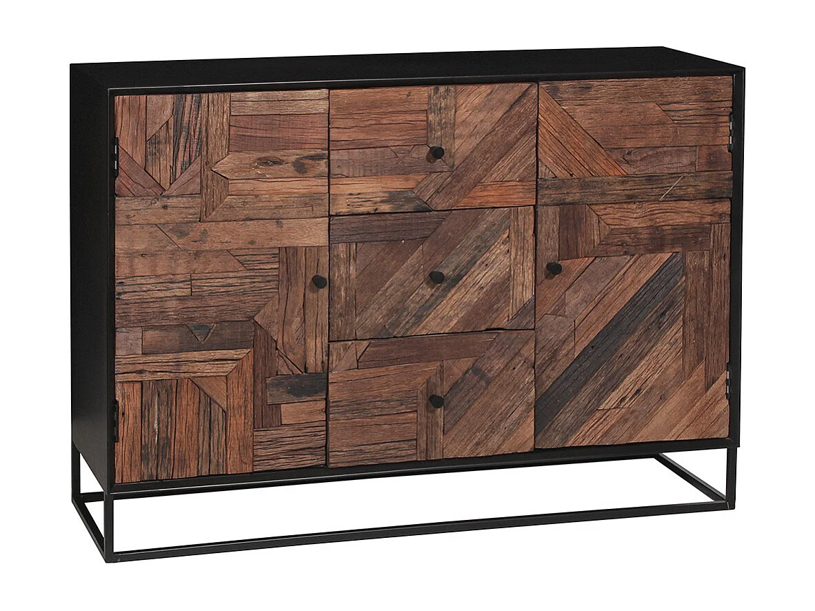 JORDAN - Buffet 2 Portes 3 Tiroirs en Métal Noir et Bois Recyclé