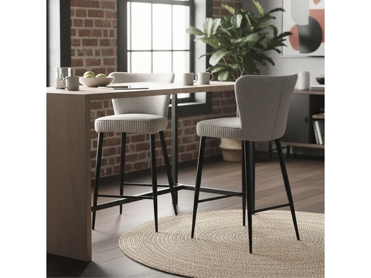 MAURINE - Tabouret de Bar Tissu Gris Clair Chiné Pieds Métal Noir Mat