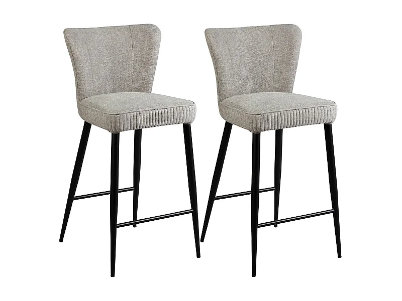 MAURINE - Lot de 2 Tabourets de Bar Tissu Gris Clair Chiné Pieds Métal Noir Mat