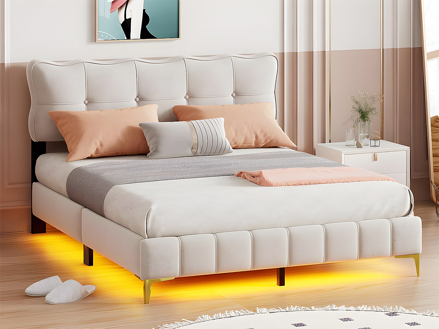 Lit Enfant 140x200 Cm Avec éclairage LED Et Ports USB/Type-C - Canapé Lit En L, Peluche Teddy Rose/beige, Sans Matelas