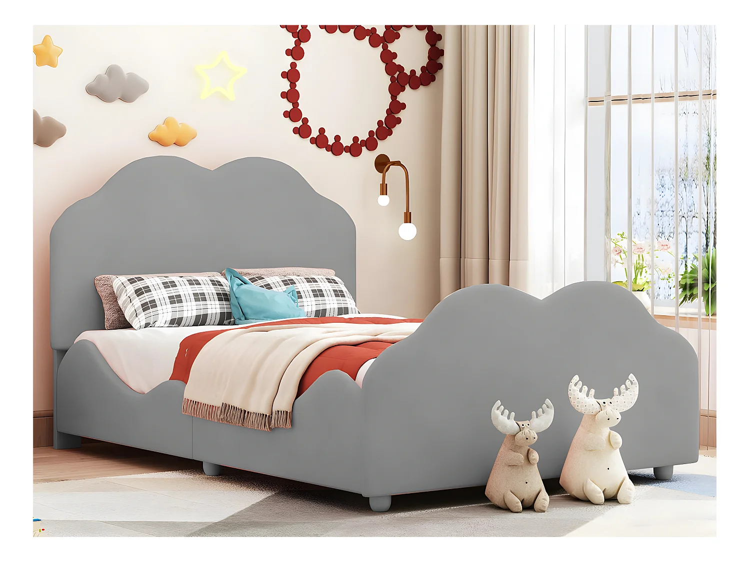 Lit enfant rembourré en velours - 90x200cm - avec tête de lit en forme de nuage + sommier à lattes - Gris