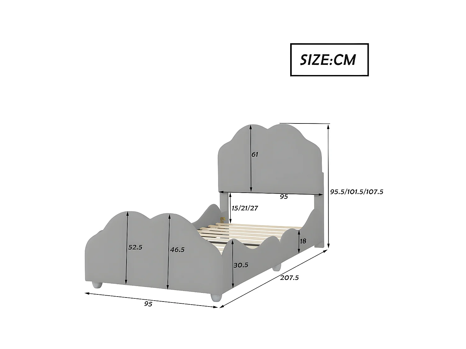 Lit enfant rembourré en velours - 90x200cm - avec tête de lit en forme de nuage + sommier à lattes - Gris