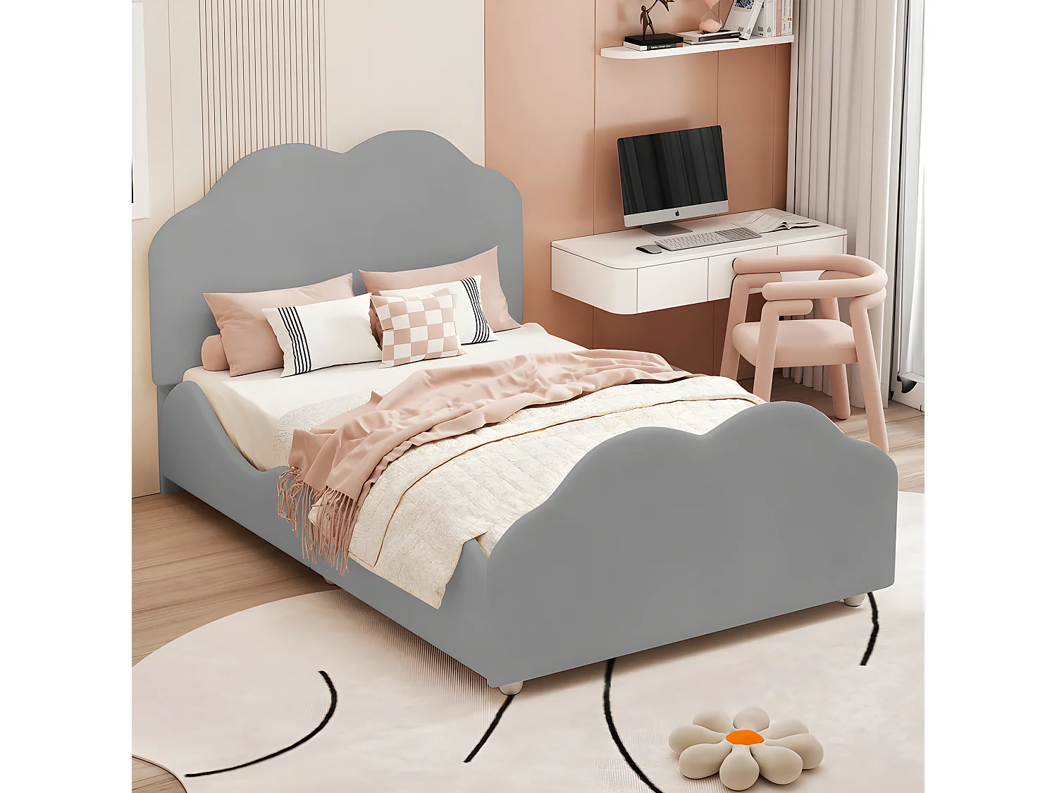 Letto per bambini imbottito in velluto - 90x200 cm - con testiera a nuvola + rete a doghe - Grigio