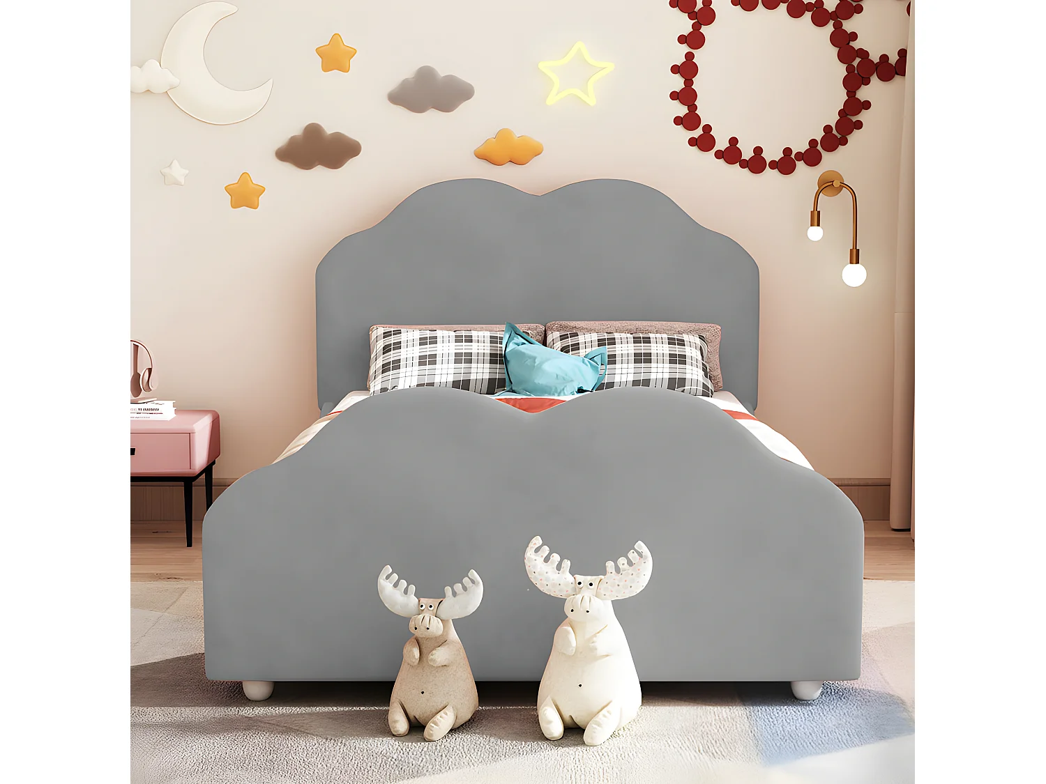 Letto per bambini imbottito in velluto - 90x200 cm - con testiera a nuvola + rete a doghe - Grigio