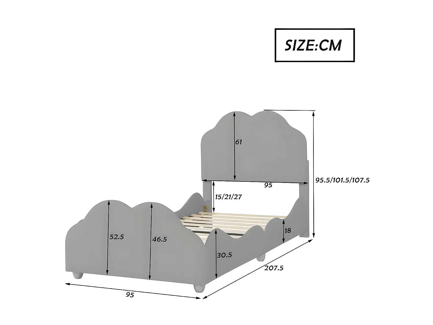 Letto per bambini imbottito in velluto - 90x200 cm - con testiera a nuvola + rete a doghe - Grigio