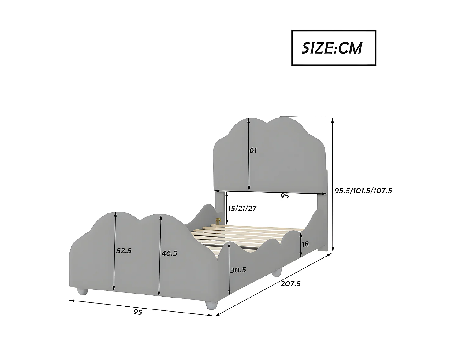 Letto per bambini imbottito in velluto - 90x200 cm - con testiera a nuvola + rete a doghe - Grigio
