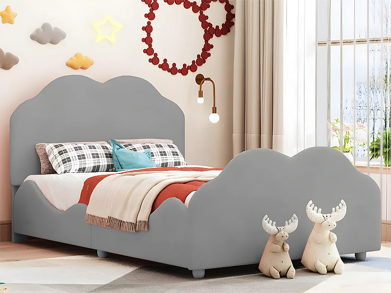 Lit enfant rembourré en velours - 90x200cm - avec tête de lit en forme de nuage + sommier à lattes - Gris