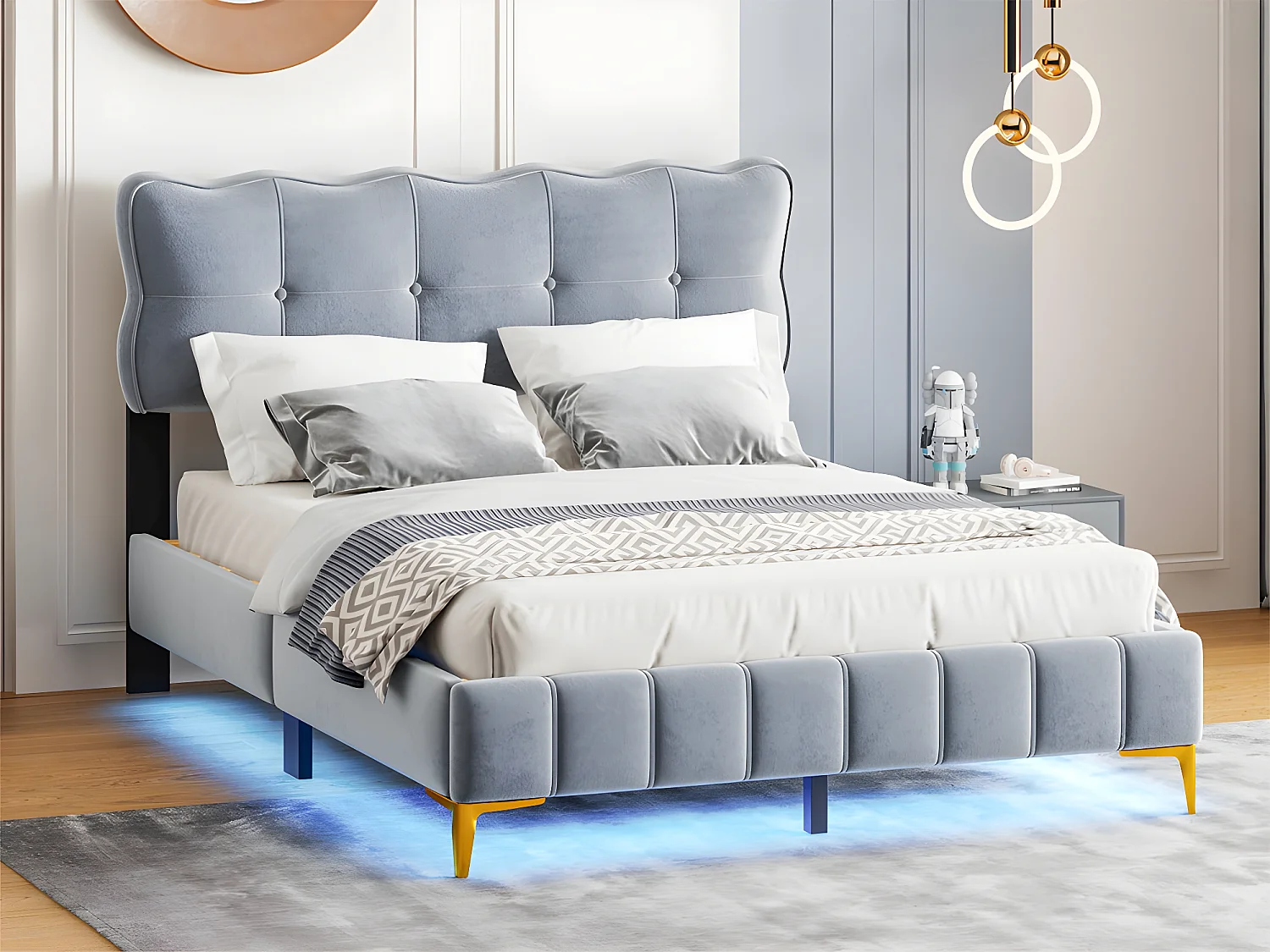 Letto in velluto 140x200 cm - con illuminazione LED e rete a doghe - Grigio