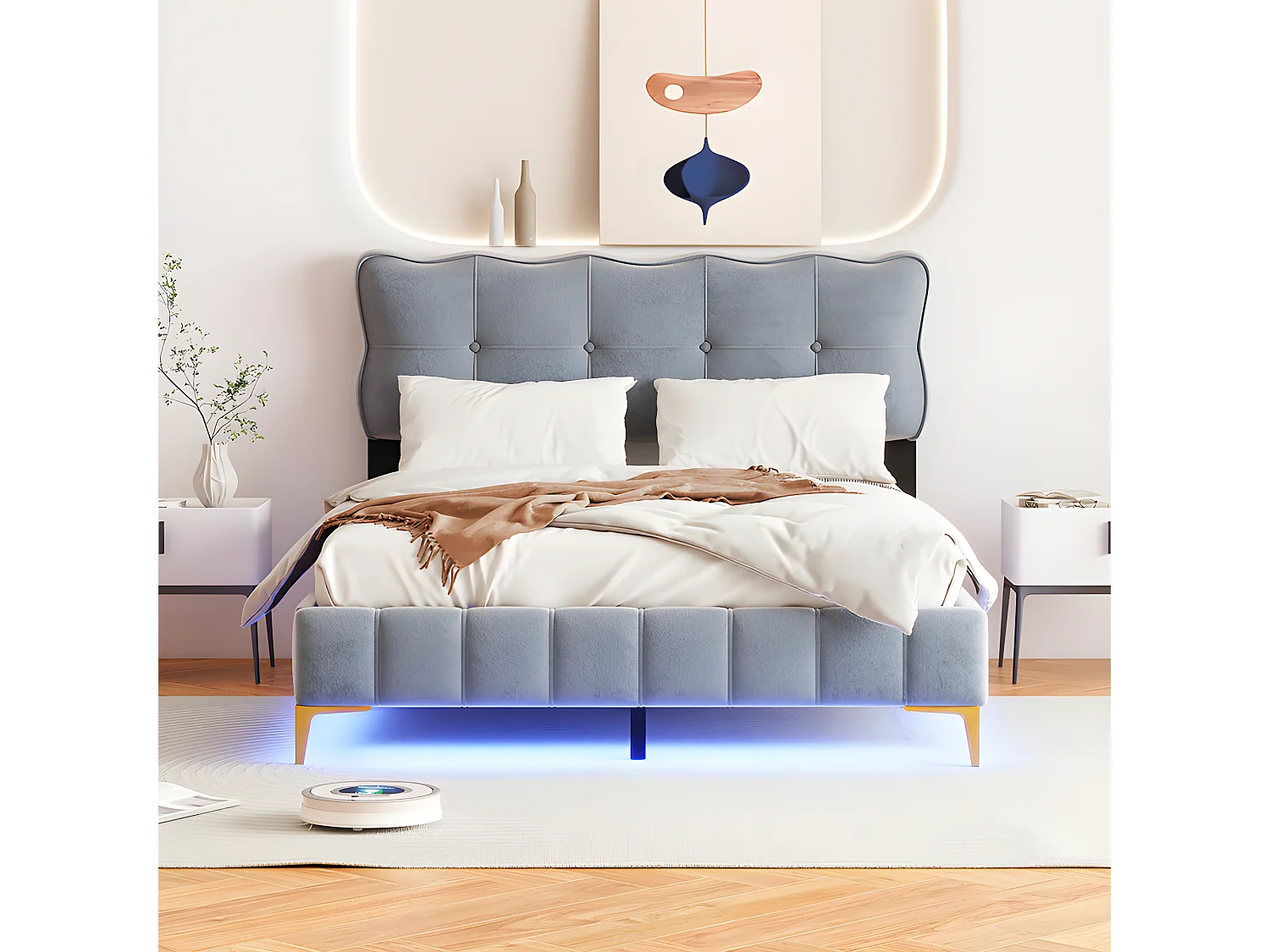 Letto in velluto 140x200 cm - con illuminazione LED e rete a doghe - Grigio