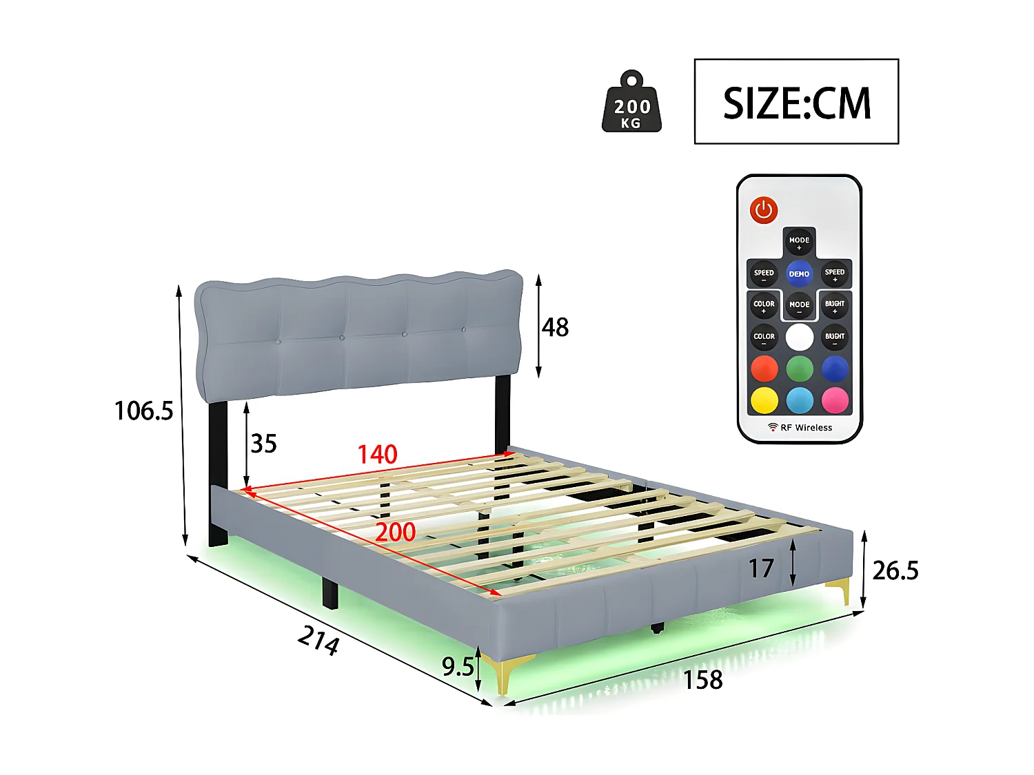 Letto in velluto 140x200 cm - con illuminazione LED e rete a doghe - Grigio