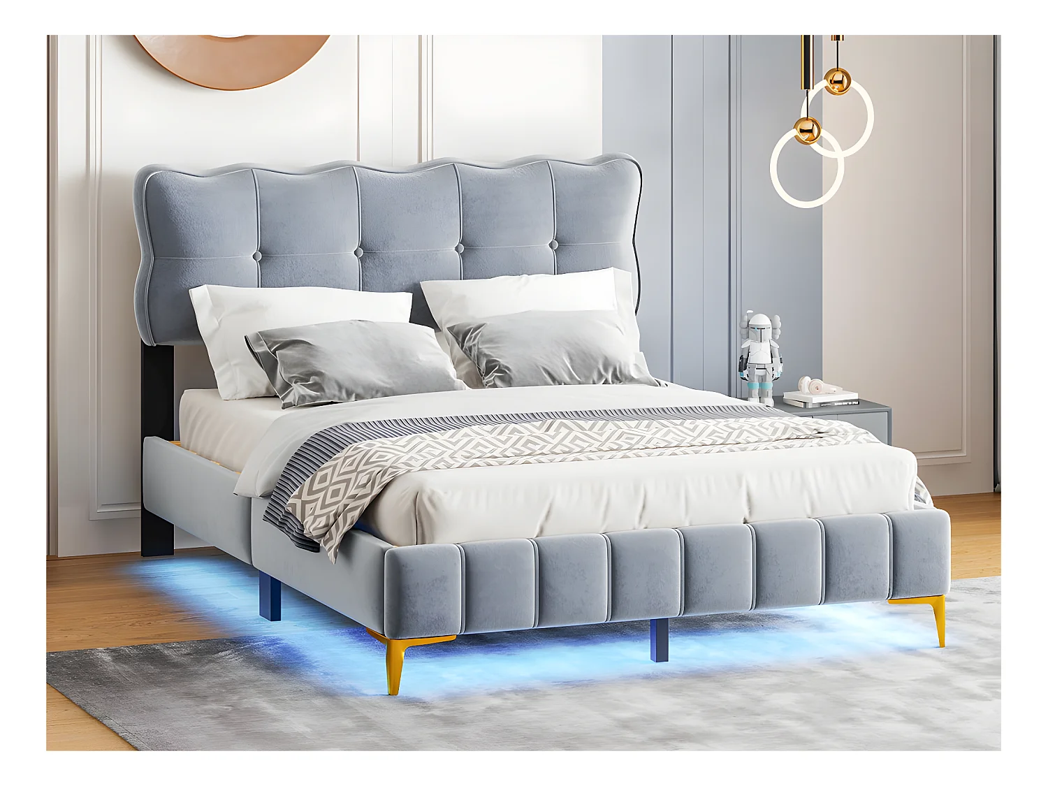 Lit enfant rembourré 140x200cm - avec éclairage LED sous le lit et sommier à lattes - Gris