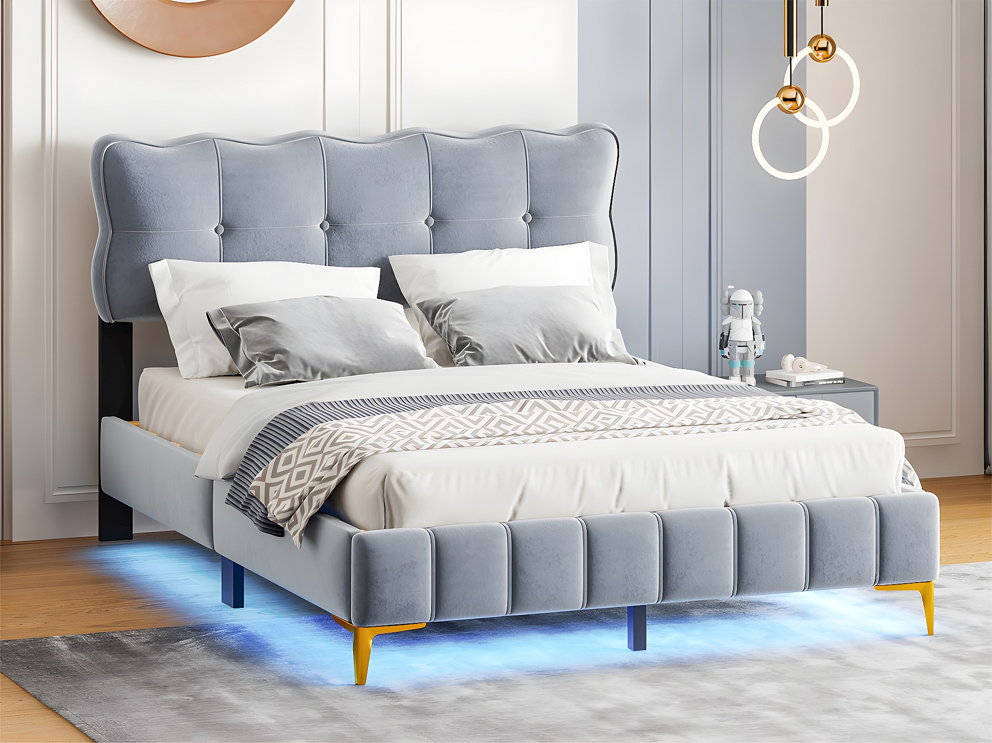 Lit Enfant Canapé-lit 140x200cm En Peluche Teddy – Avec LEDs Et Ports USB/C, Forme En L, Capacité 220kg