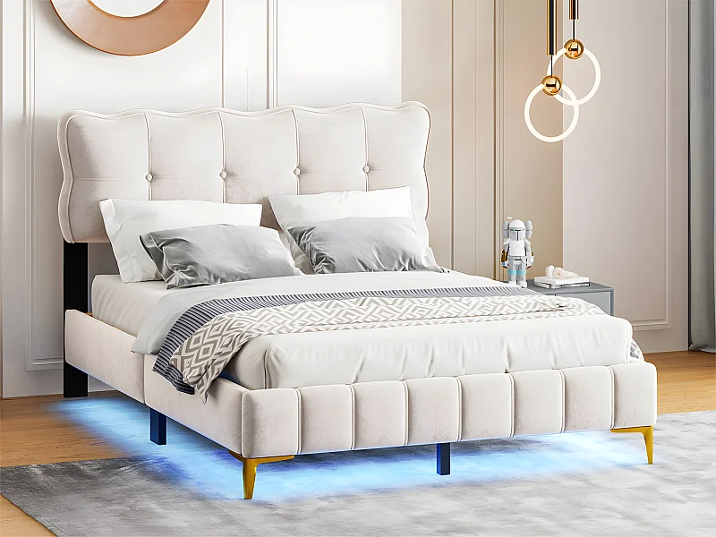 Fluwelen bed 140x200cm - met LED-verlichting en lattenbodem - Beige