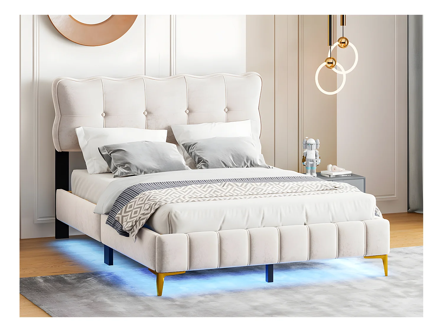 Lit enfant rembourré 140x200cm - avec éclairage LED sous le lit et sommier à lattes - Beige
