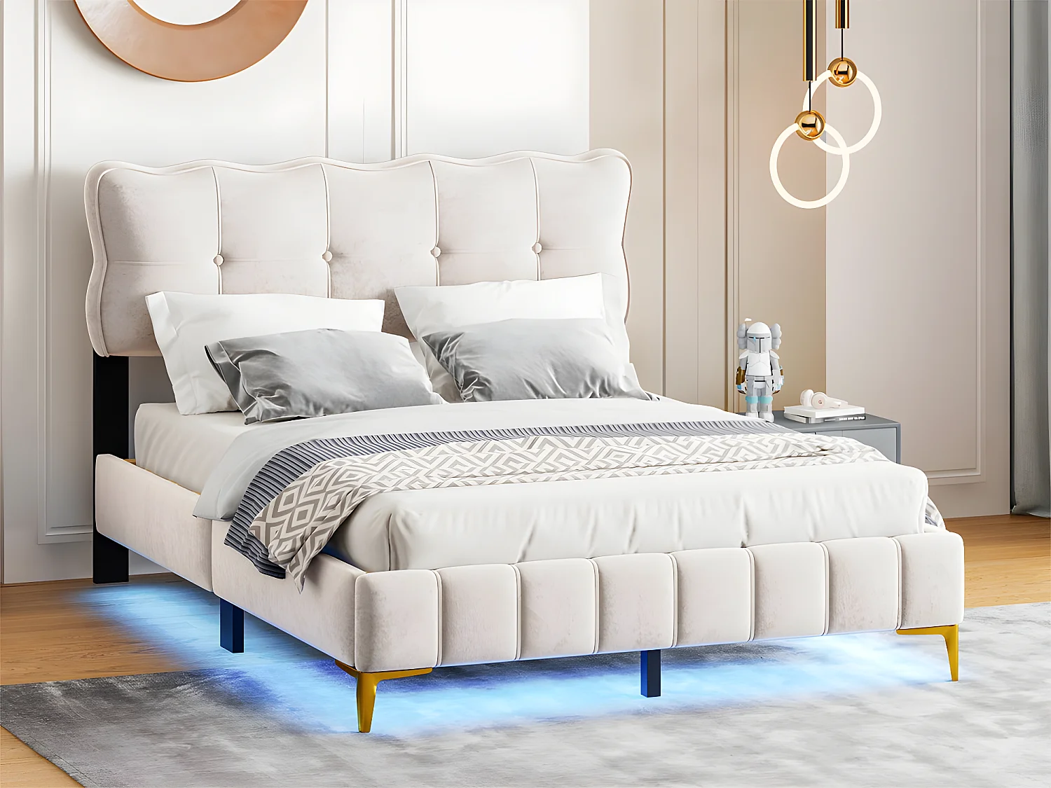 Lit enfant rembourré 140x200cm - avec éclairage LED sous le lit et sommier à lattes - Beige