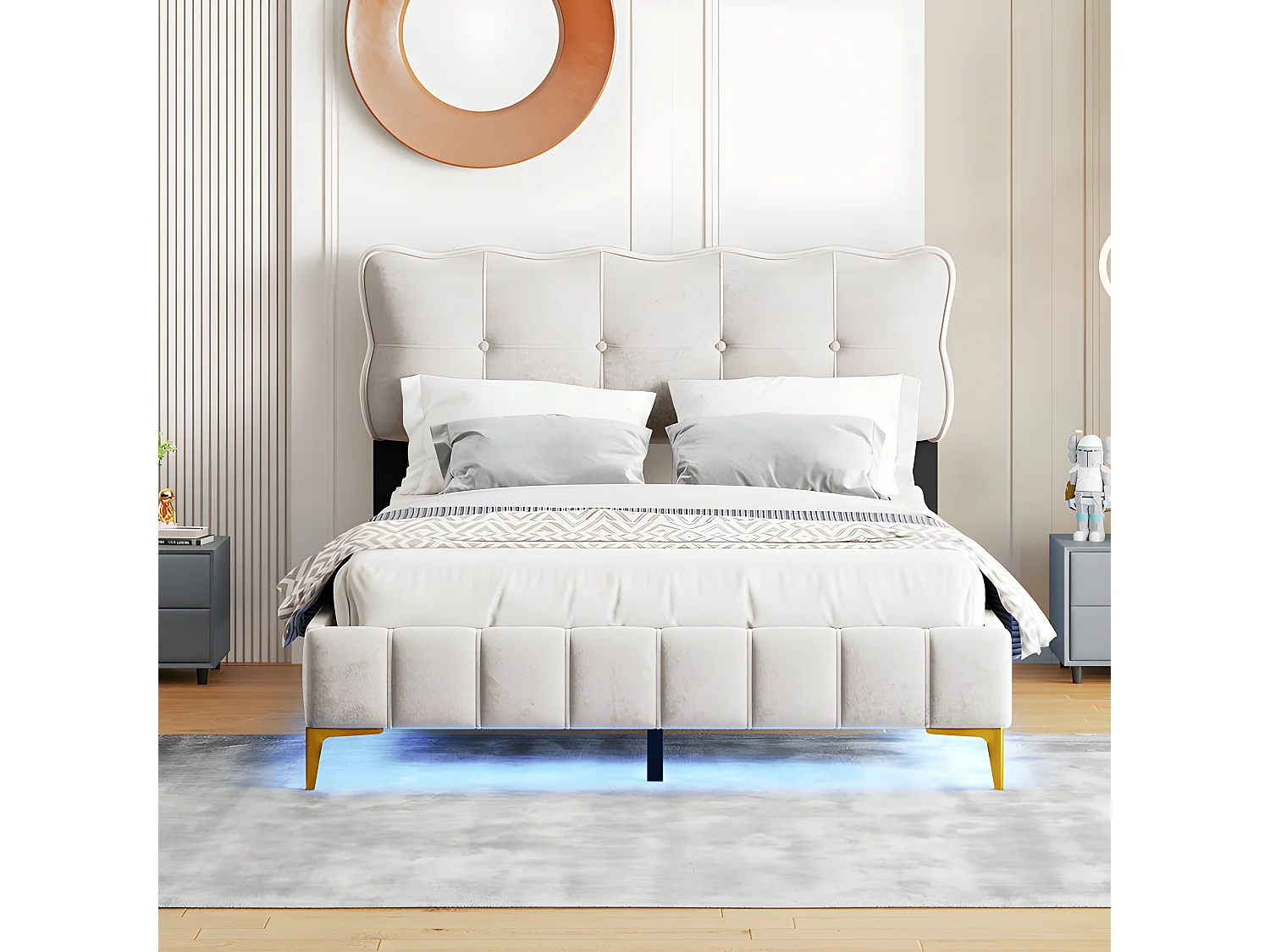 Lit enfant rembourré 140x200cm - avec éclairage LED sous le lit et sommier à lattes - Beige