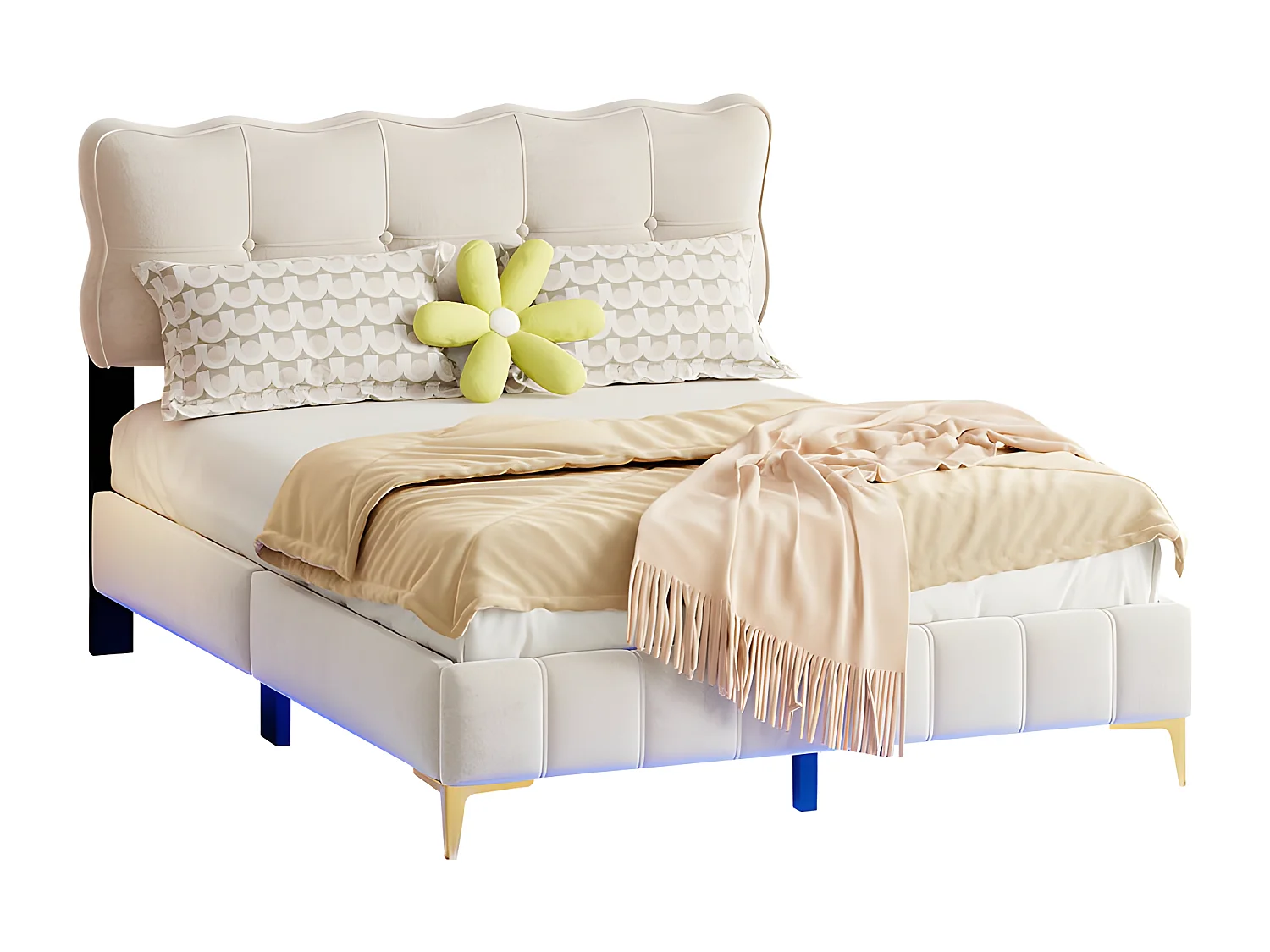 Lit enfant rembourré 140x200cm - avec éclairage LED sous le lit et sommier à lattes - Beige